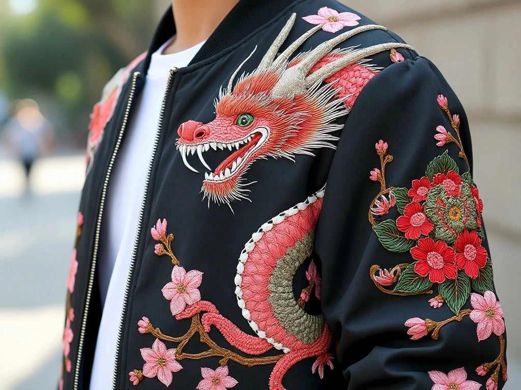 Close-up of intricate Japanese embroidery on a sukajan jacket, featuring a dragon and cherry blossoms.