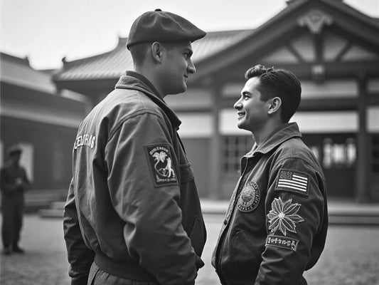 American soldiers in post-war Japan, one wearing an early Sukajan jacket.