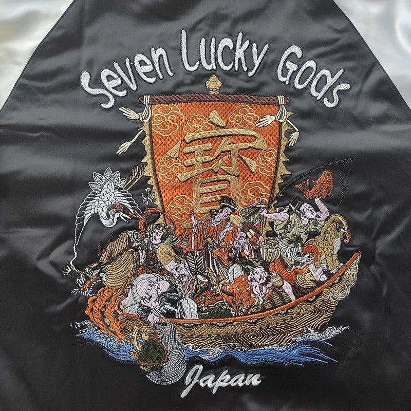 7 Lucky Gods embroidery on sukajan jacket reversible from Sukajan Mall.