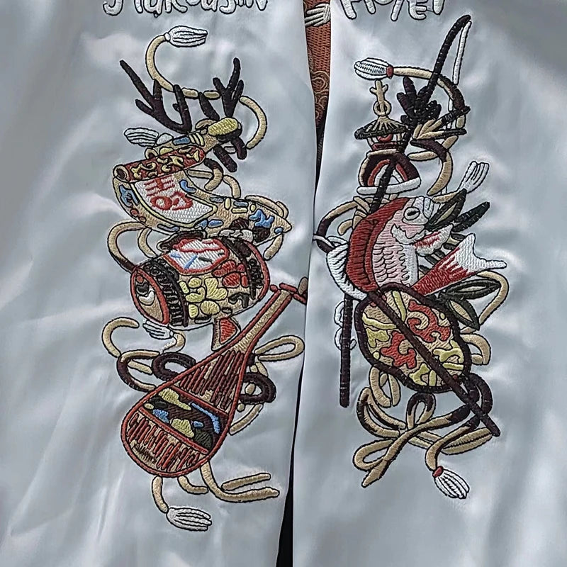 Embroideries on sleeves of 7 Lucky Gods reversible sukajan jacket from Sukajan Mall.