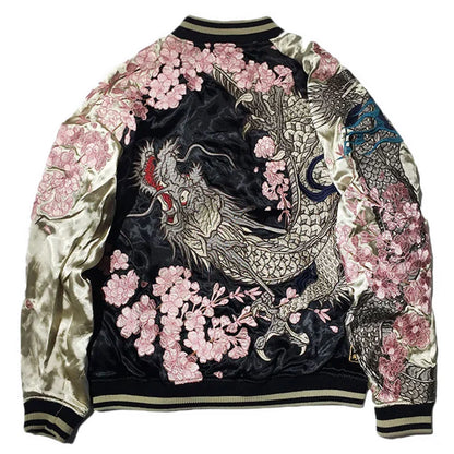 Sukajan jacket with dragon and cherry blossoms embroidery from Sukajan Mall.