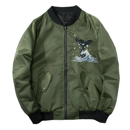 Front view of Jumping Whale olive sukajan jacket from Sukajan Mall.