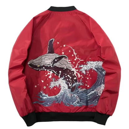 Jumping Whale embroidery on red sukajan jacket from Sukajan Mall.