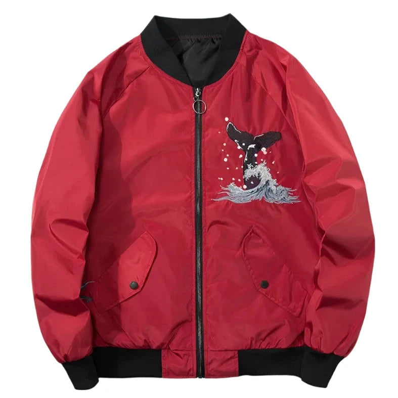 Front view of Jumping Whale red sukajan jacket from Sukajan Mall.