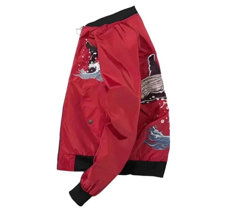 Side view of Jumping Whale red sukajan jacket from Sukajan Mall.