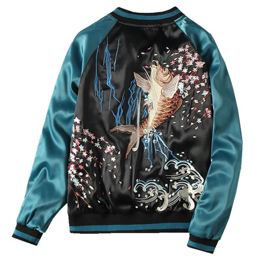 Beautiful embroidery of Koi Jump sukajan jacket from Sukajan Mall.