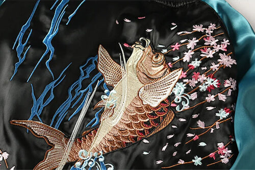 Embroidery on Koi Jump sukajan jacket from Sukajan Mall