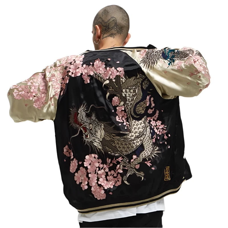 Model showing embroidery on Dragon's Sakura sukajan jacket reversible from Sukajan Mall.