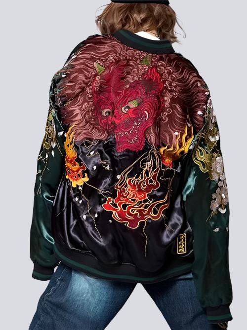 Model wearing Demon Flower sukajan jacket from Sukajan Mall.