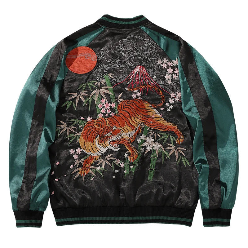 Back view of Night of the Tiger sukajan souvenir jacket with dark green sleeve from Sukajan Mall.