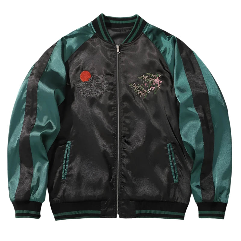 Front view of Night of the Tiger sukajan souvenir jacket with dark green sleeve from Sukajan Mall.