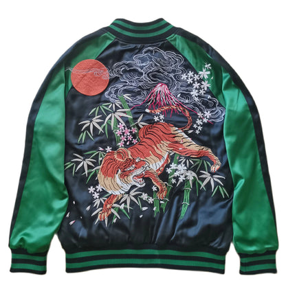 Back view of Night of the Tiger sukajan souvenir jacket with emerald sleeve from Sukajan Mall.