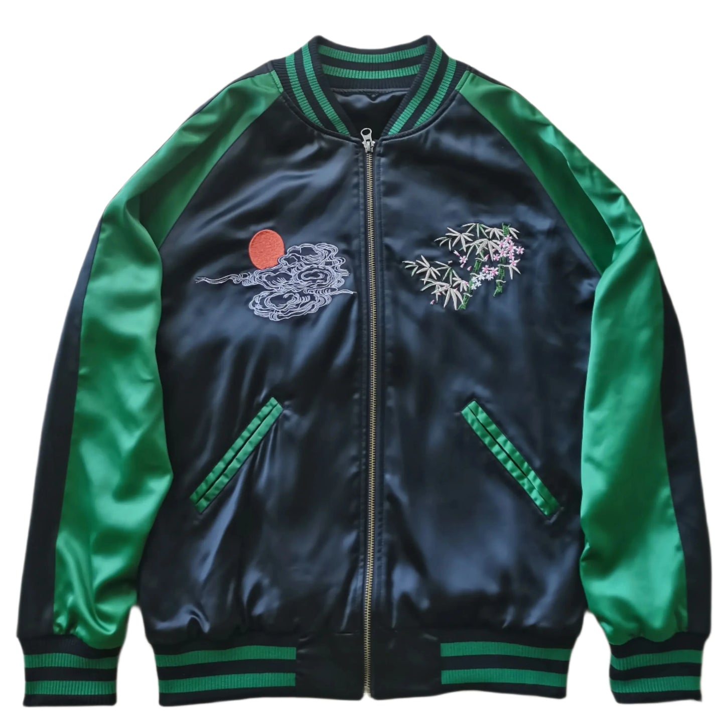 Front view of Night of the Tiger sukajan souvenir jacket with emerald sleeve from Sukajan Mall.