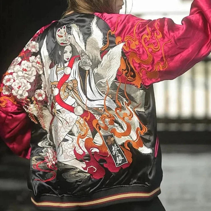 Back view of model wearing Nine Tailed Fox sukajan jacket, showing embroidery from Sukajan Mall.