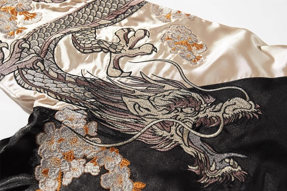 Dragon embroidery on the Sakura Dragon sukajan jacket from Sukajan Mall, featuring intricate and vibrant design elements.