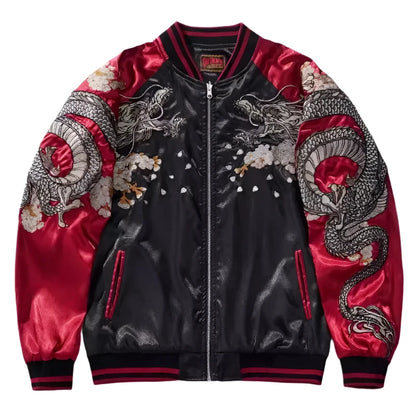 Front view of Sakura Dragon sukajan jacket with red sleeves from Sukajan Mall.