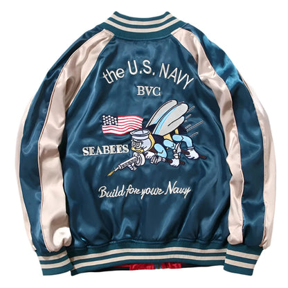 Back view of Seabees Tsuru sukajan souvenir jacket reversible from Sukajan Mall.