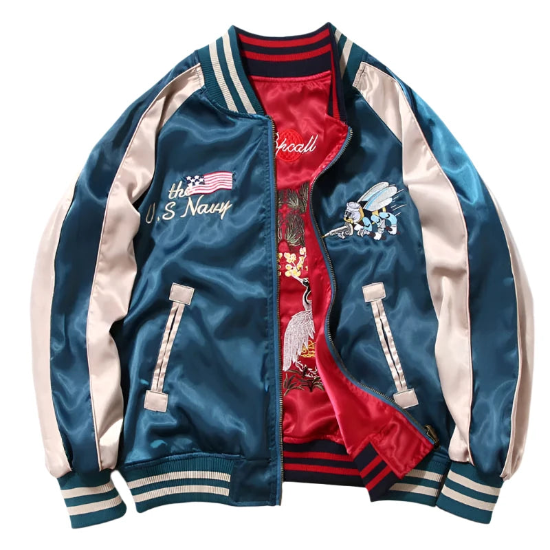 Front view of Seabees Tsuru sukajan souvenir jacket reversible from Sukajan Mall.