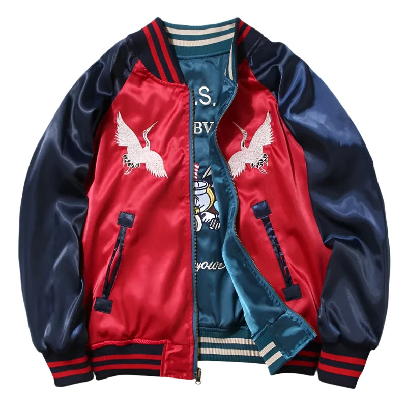 Front view of reversed Seabees Tsuru sukajan souvenir jacket from Sukajan Mall.