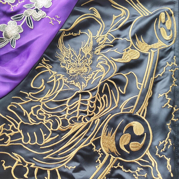 Thunder god embroidery on a sukajan jacket from Sukajan Mall, showcasing intricate Japanese-inspired design.