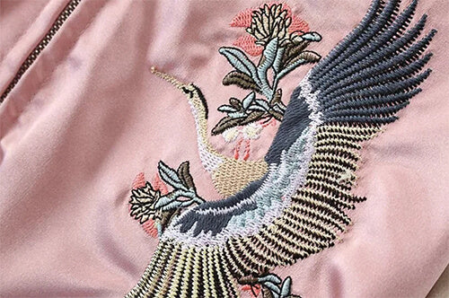 Crane embroidery of Tiger's Flower reversible sukajan jacket from Sukajan Mall.