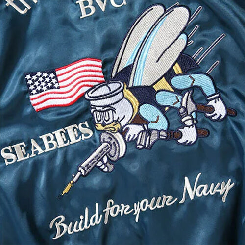 US Navy Seabees embroidery close-up on sukajan jacket from Sukajan Mall.