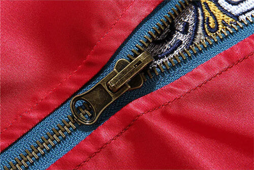 Zipper close-up view of Navy Seabees sukajan jacket from Sukajan Mall.